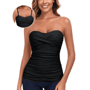 RELLECIGA Women's Twist Ruched Bandeau Tankini Top Black Tube Top Swimsuit Molded Cups Tummy Control Sexy Bathing Suits Top Only Size Small
